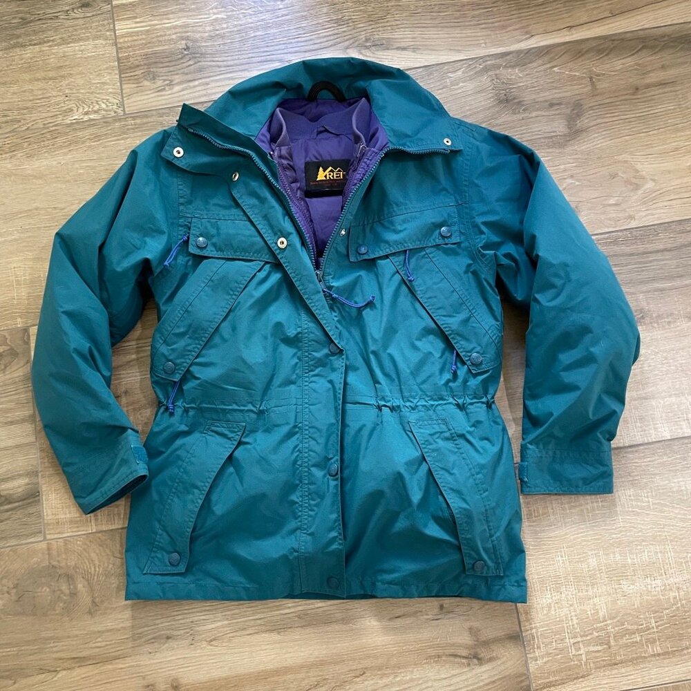 REI Parka Womens 8 Green Purple 3 in 1 Down Winter Zip Out Water Resistant Coat